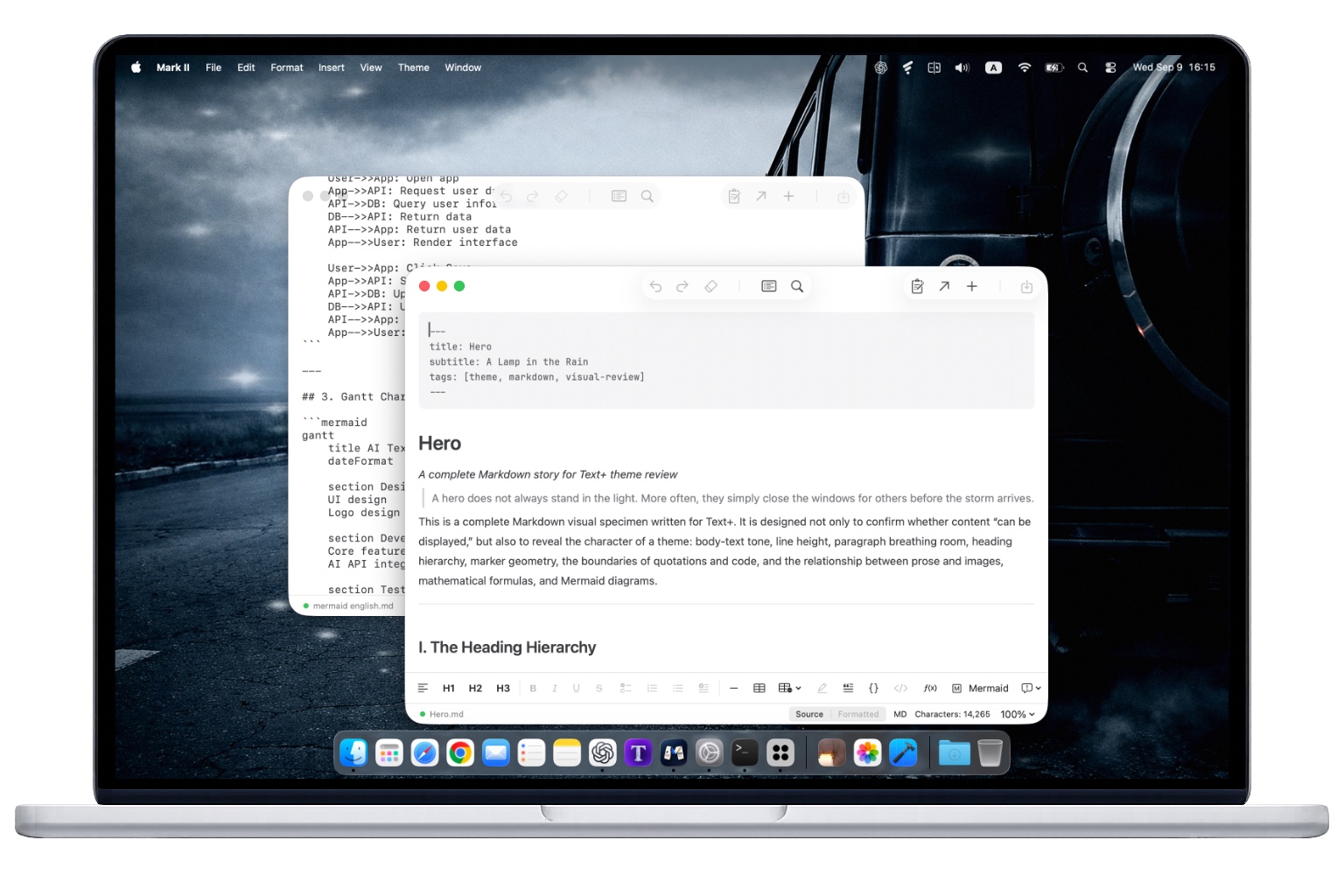MacBook 上同时显示 Mark II 的源码和排版编辑窗口